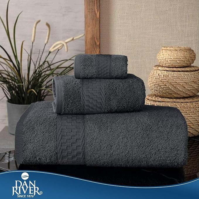 DAN RIVER 100% Ring Spun Cotton 3-Piece Towel Set, Dark Gray, Bath Towel, Hand Towel and Washcloths, 550 GSM - Soft, Absorbent Quick Dry Cotton Towels for Bathroom, Spa, and Gym
