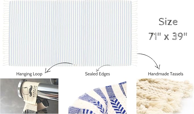 Bazaar Anatolia Turkish Beach Towel – 100% Cotton, Quick Dry, Sand Free Striped Towel for Bathroom, Travel, Camping – Oversized 71x39 Inches – Arpa Light Blue