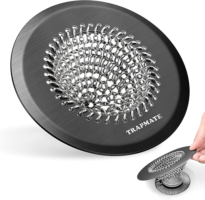 TRAPMATE Shower Hair Drain Catcher, Easy Clean Bathtub Drain Hair Catcher, Fast Drainage Tub Drain Protector, Stainless Steel Shower Drain Cover for US Standard Regular & Pop-up Drain Screen (Black)