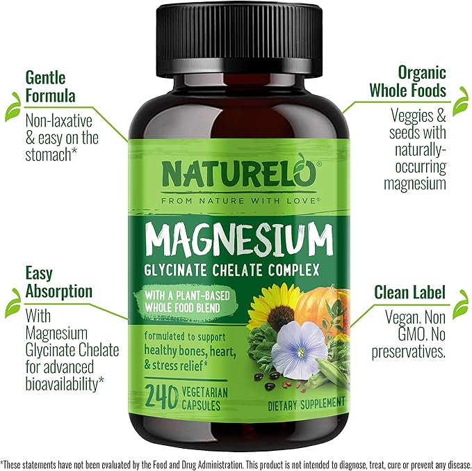 NATURELO Magnesium Glycinate Chelate Complex - 200 mg Magnesium with Organic Vegetables to Support Sleep, Calm, Muscle Cramp & Stress Relief - Gluten Free, Non GMO - 240 Capsules