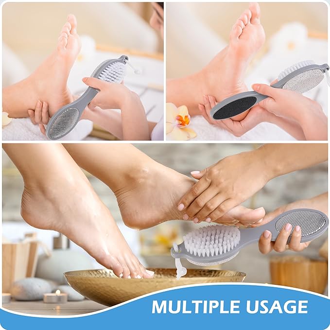3 Pcs 4 in 1 Foot Brush for Use in Shower with Pumice Stone, Foot Rasp and Sandpaper, Foot Scrubber Brush for Feet, Dead Skin Remover for Foot Care