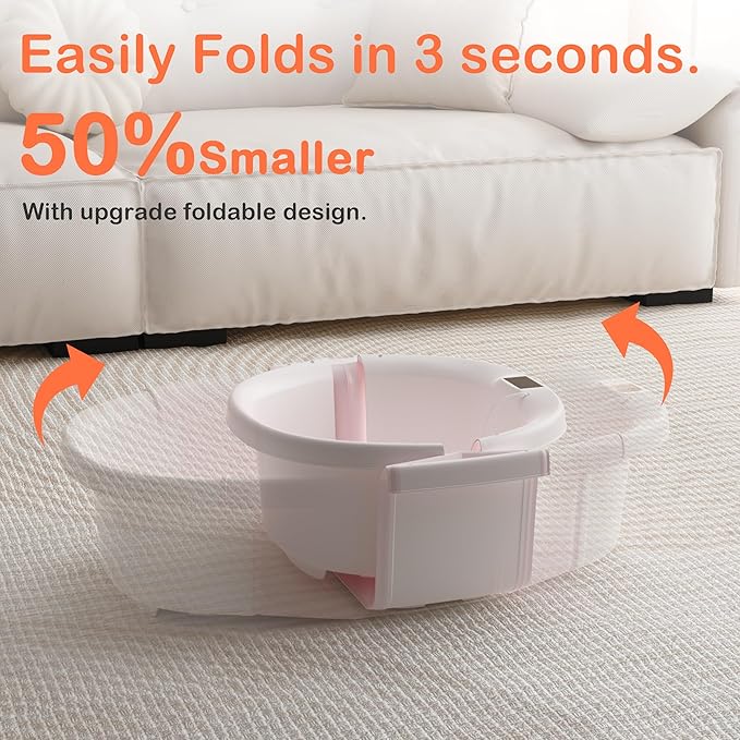 Collapsible Baby Bathtub - Large Baby Bath Tub with Thermometer & Cushion | Travel Portable Newborn Infant Bathtub | Foldable Toddler Bathtub for Baby 0 to 36 Months (Pink)