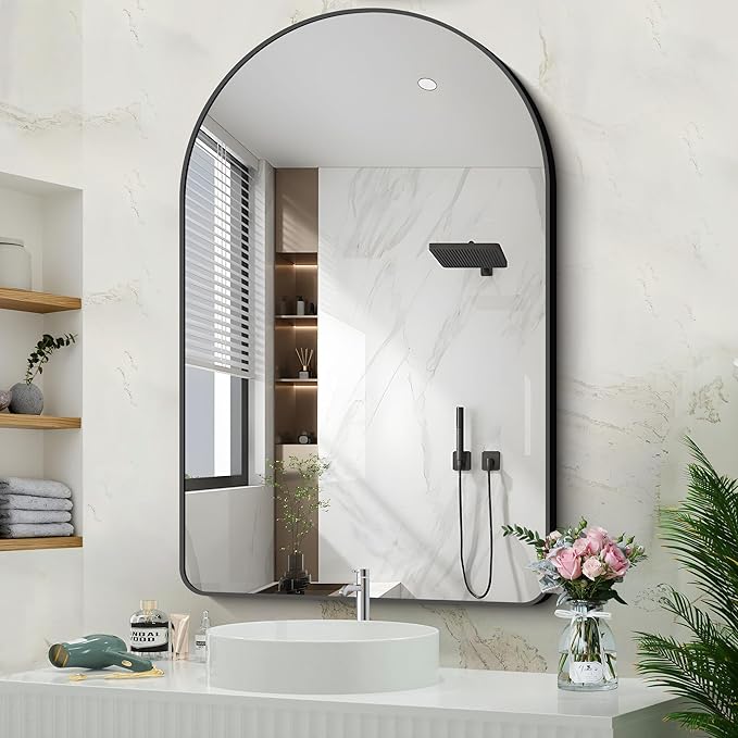 Arched Bathroom Mirror, 32"x48" Black Arched Mirror for Bathroom, Wall Mounted Mirror, Black Vanity Wall Mirror w/Metal Frame for Bedroom, Entryway, Living Room, Hanging or Leaning Against Wall