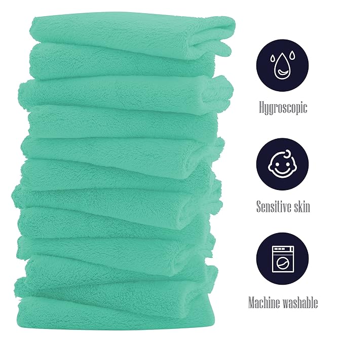 16 Pack Baby Washcloths - 10x10 Inch, Coral Fleece - Extra Absorbent and Soft Wash Clothes for Newborns, Infants and Toddlers - Suitable for Sensitive Skin and New Born - Baby Shower - Aqua Green