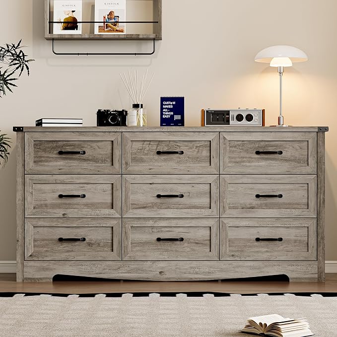 9-Drawer Dresser for Bedroom, Modern Wooden Chest of Drawers with Metal Handles, Anti-Tipping Design, Sturdy and Stable Storage Organizer for Living Room, Entryway, Home Office