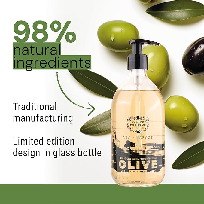 Panier des Sens - Liquid Hand Soap Limited Edition - French Hand Wash with Olive Oil - Marseille Moisturizing Liquid Soap - Refillable Kitchen & Bathroom Soap - 98% Natural - Glass Bottle 16.9 Floz