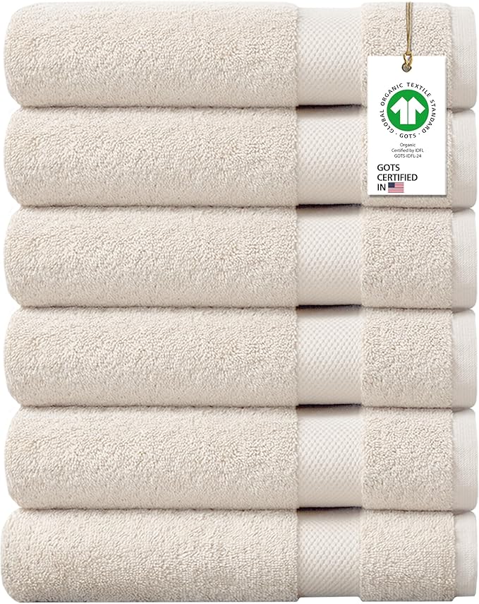 Delara 100% Organic Cotton Towels 650 GSM Plush Feather Touch Quick Dry Hand Towel, Pack of 6 GOTS Certified, Oeko-Tex Green Certified, Organic Cotton Hand Towel, 20"X30"
