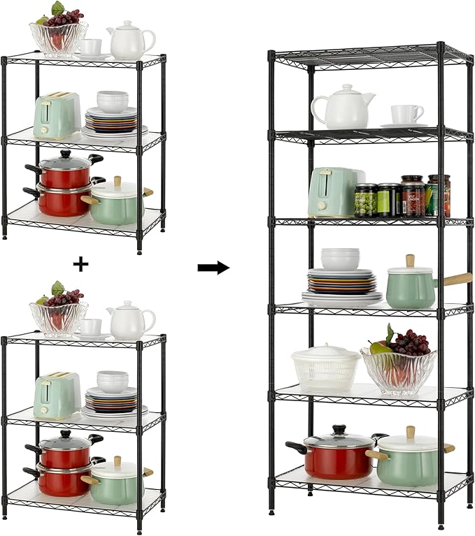 Finnhomy 6-Tier Wire Shelving Unit - Adjustable Steel Wire Rack with 6 Shelves, PE Mat and Stable Leveling Feet, NSF Certified, Black