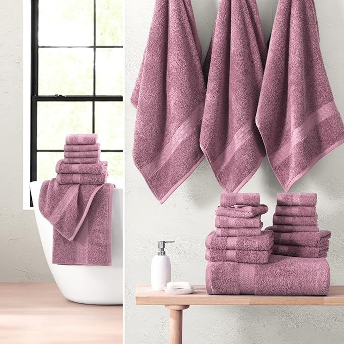 LANE LINEN Bathroom Towels Set - 24 PCs - 100% Ring Spun Cotton - Quick Dry, Soft & Absorbent - 4 Bath, 4 Fingertip, 6 Hand Towel, 8 Washcloths, 2 Bath Sheets - Towels for Regular Use - Wistful Mauve