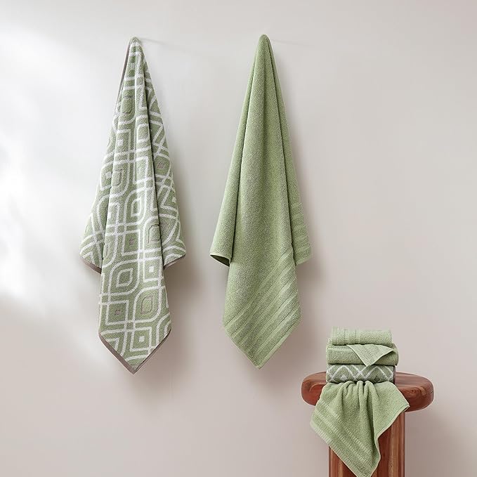 Modern Threads Oxford 6-Piece 100% Cotton Towel Set – Yarn Dyed Jacquard & Solid – Includes 2 Bath Towels, 2 Hand Towels, 2 Washcloths – Absorbent, Quick Dry, Soft & Durable – Sage Green