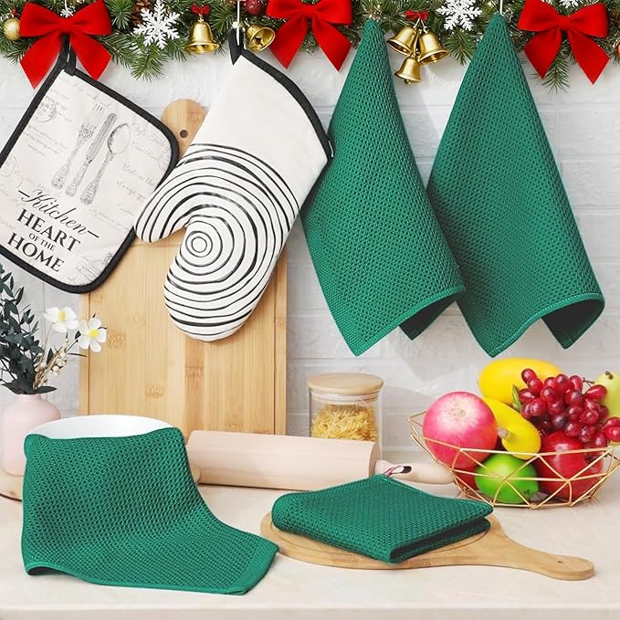 Homaxy 100% Cotton Waffle Weave Kitchen Dish Cloths, Ultra Soft Absorbent Quick Drying Dish Towels, 12 x 12 Inches, 12-Pack, Dark Green