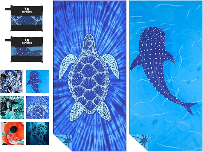 2 Pack Microfiber Lightweight Thin Beach Towel Sand Free Quick Dry Super Absorbent Large Towels for Swimming Pool Yoga Gym Travel Vacation Beach Accessories Essentials Turtle Whale Shark