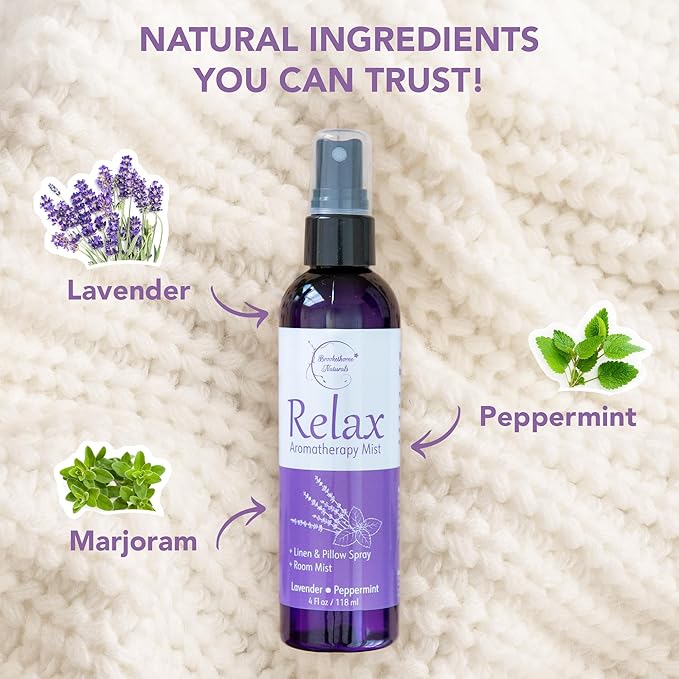 Relax Lavender Spray for Sleep, Natural Linen Spray for Bedding, Perfect Lavender Pillow Spray for Sleep. Aromatherapy Bed Spray with Lavender & Peppermint Essential Oils by Brookethorne Naturals 4oz