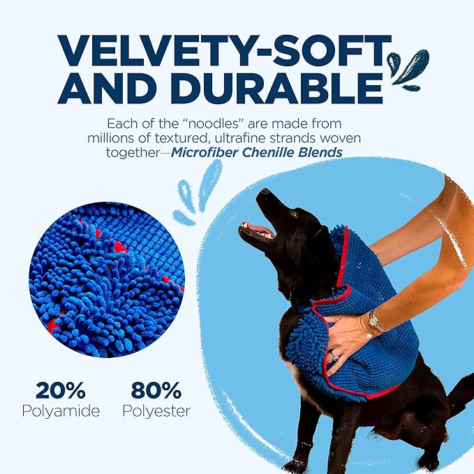 Soggy Doggy Super Shammy Dog Towel - Microfiber Chenille Towel for Drying Dogs and Cleaning Paws - Fast Drying with Hand Pockets for Ease (Blue/Red Trim, 31” x 14”)