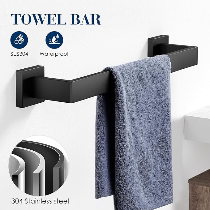 7-Pieces Towel Racks for Bathroom, SUS304 Matte Black Bathroom Accessory Set, Stainless Steel Black Bathroom Accessories, Stainless Steel Wall Mounted, Bath Towel Bar Set