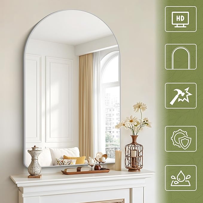 Arched Bathroom Mirror, 30"x48" Silver Arched Mirror for Bathroom, Wall Mounted Mirror, Silver Vanity Wall Mirror w/Metal Frame for Bedroom, Entryway, Living Room, Hanging or Leaning Against
