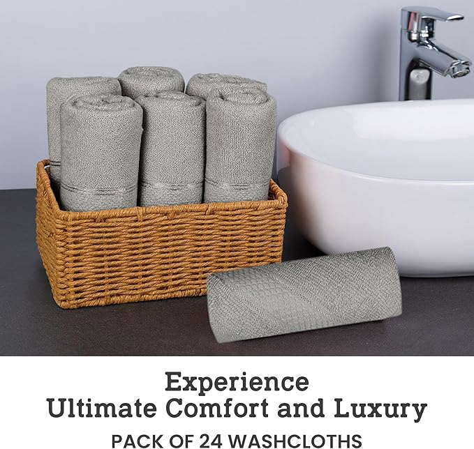 Casa Lino Face Towels & Body Wash Cloths for Showering - 100% Cotton Wash Cloths for Bathroom - Highly Absorbent & Quick Drying Washcloth Set - Cotton Washcloths 24 Pack (12" x 12") - (Silver Grey)