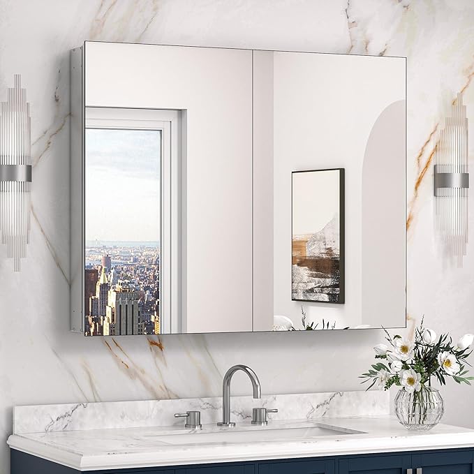 Keonjinn 40 x 32 Inch Large Medicine Cabinet for Bathroom, Silver Lightweight Combined Double Doors Mirrored Cabinet, Assembly Needed, Recessed or Wall Mount, Flexiable Ample Storage, Soft Closing