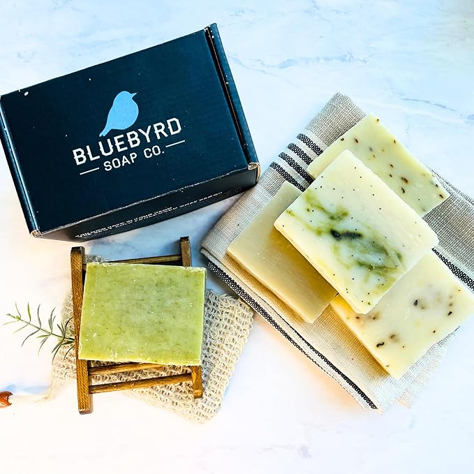Bluebyrd Mint Bar Soap 5 Pack - Exfoliating Handmade Soap w/Dry Mint Leaves - All Natural for Men - Face & Body: Eucalyptus, Spearmint, Peppermint (Mint)