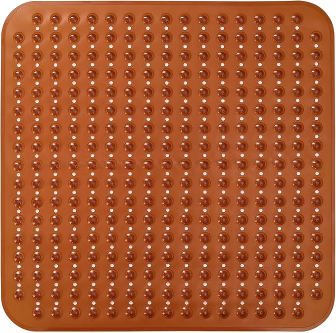 ENKOSI Extra Large Square Non Slip Shower Mat - 31 x 31-inch XL Bathroom Shower Mat - Square Shower Matts for Shower Stall Floors | Secure Suction Cups and Drain Holes (31x31 Clear Brown)