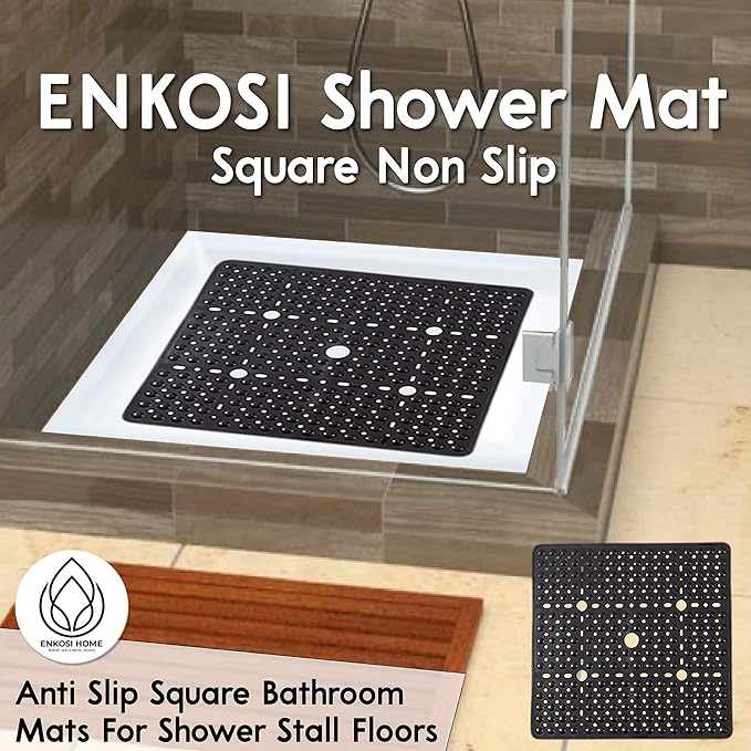 ENKOSI Large 27 x 27 inch Square Non-Slip Shower Mat - Anti Slip Shower Stall Mat for Elderly and Young - Durable Shower Mat with Strong Secure Suction Cups and Drain Holes (27x27 Clear Grey)