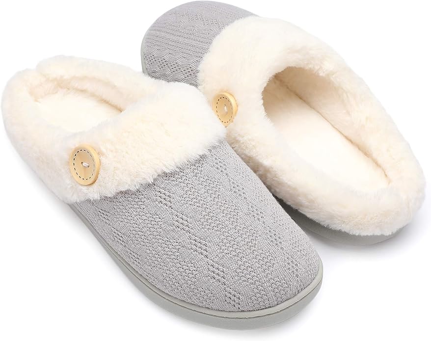 Chantomoo Womens Slipper Warm Comfy Memory Foam House Slippers Knitted Shoes Faux Fur Lined Anti-Skid Rubber Sole Bedroom Cozy Indoor Outdoor Slippers