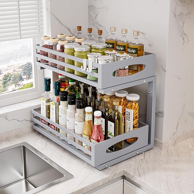 Under Sink Organizer, 2 Tier Under Sink Organizers and Storage, Adjustable Height, Slide Out Metal Cabinet Organizers, Pull Out Cabinet Storage Drawer Shelf for Kitchen Bathroom
