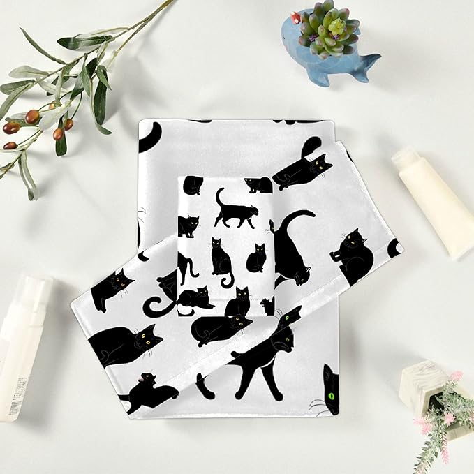 Black Cats 3 Piece Towel Bathroom Sets, 1 Bath Towel, 1 Washcloth, 1 Hand Towel, Cotton Fast Dry Soft Absorbent Towel Set for Home Kitchen Family