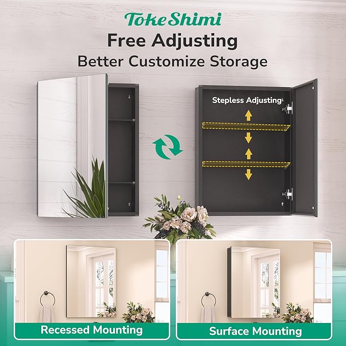 TokeShimi 40x26 Bathroom Medicine Cabinet with Mirror Tempered, Aluminum Black Mirrored Medicine Cabinet Recessed or Surface Mount with Adjustable Storage Metal for Modern Farmhouse