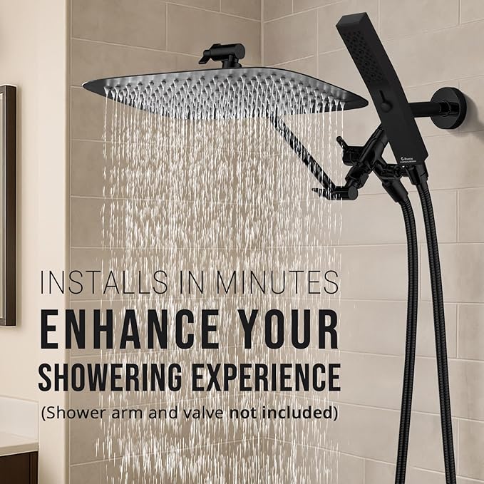 G-Promise All Metal 12 Inch Dual Square Shower Head with Handheld Spray Combo, Rain Shower Head, Adjustable Extension Arm, 3-Way Diverter, 71 Inch Extra Long Hose - A Bathroom Upgrade (Matte Black)