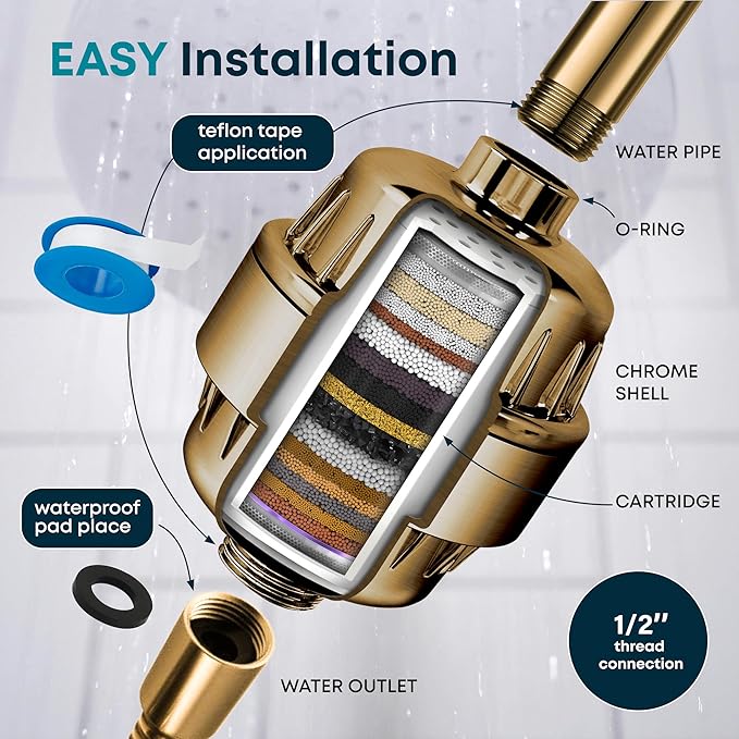 AquaHomeGroup 20 Stage Shower Filter for Hard Water - 2.5 GPM Universal Shower Head Filter for Chlorine, Fluoride, Heavy Metals - Vitamin C E Shower Water Filter for Hair and Skin (Golden)