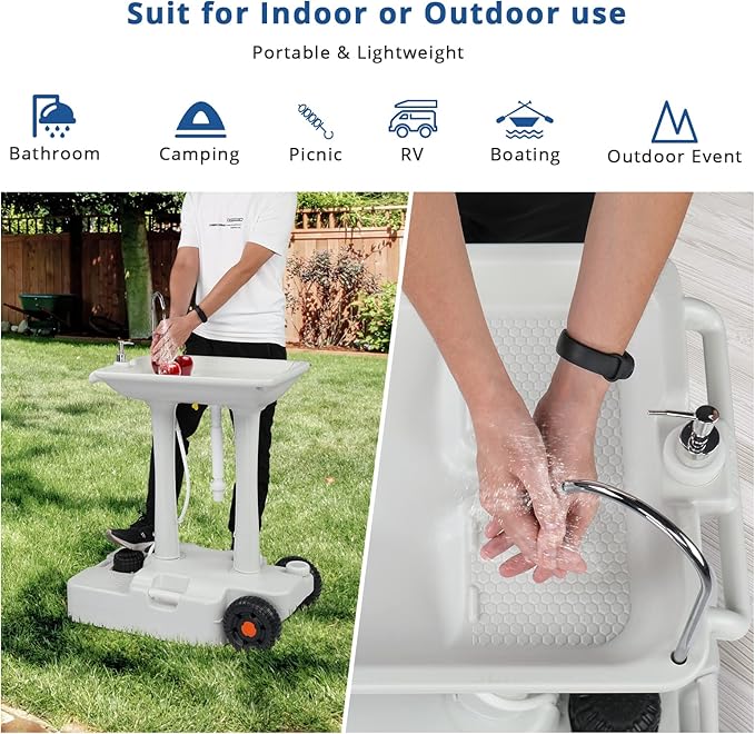 VINGLI 30L Upgraded Portable Sink| Rolling Hand Wash Basin Stand with Towel Holder & Soap Dispenser & Wheels, Perfect for Garden/Camping/Outdoor Events/Gatherings/Worksite/RV/Indoor, White