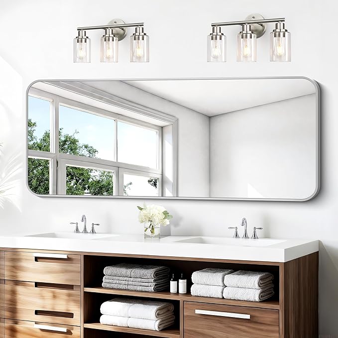 BONEWEI Silver Bathroom Mirror,24x60 inch Wall Mirror for Bathroom Wall Mounted,Rectangle Mirror for Bathroom Over Sink,Modern Frame Round Corner for Living Room,Bedroom Entryway,Horizontal/Vertical