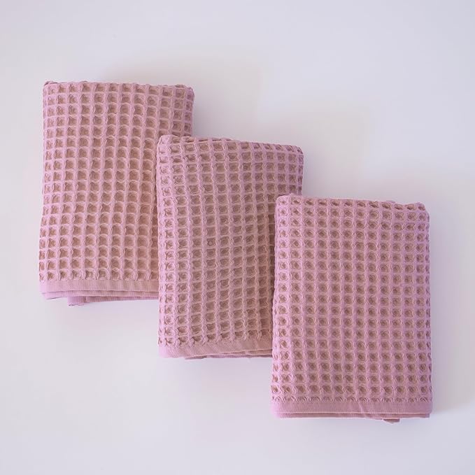 PÜSKÜL Organic Waffle Kitchen Towel 100% Turkish Cotton Set of 3 Pink - Premium Quality, Soft, Quick-Dry, Absorbent, Lint-Free Hand Towels 32X16 Inches (3, Pink Powder)