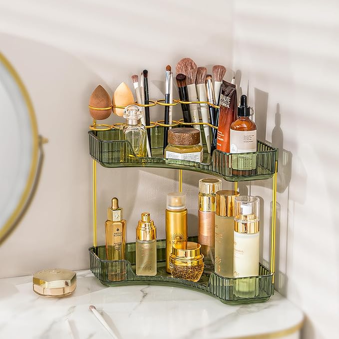 Upgraded 2-Tier Corner Bathroom Countertop Organizer – Spacious Storage for Makeup, Skincare & Perfumes, Built-in Brush Holder Fits Vanity/Dresser/Bsthtub (Sage Green)