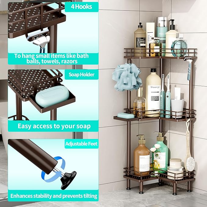 HapiRm Corner Shower Caddy Standing - 3 Tier Shower Organizer Corner with Soap Holder, Rustproof Bathroom Standing Organizer with 4 Hooks, Bronze
