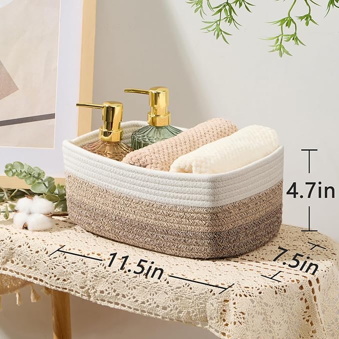 Small Storage Baskets for Organizing | Closet Organizer Bins | Shelf Toy Basket | Woven Rope Baskets | Cube Decorative Box | Shallow Basket |11.5x7.5x4.7”| 3 Packs Gradient Brown
