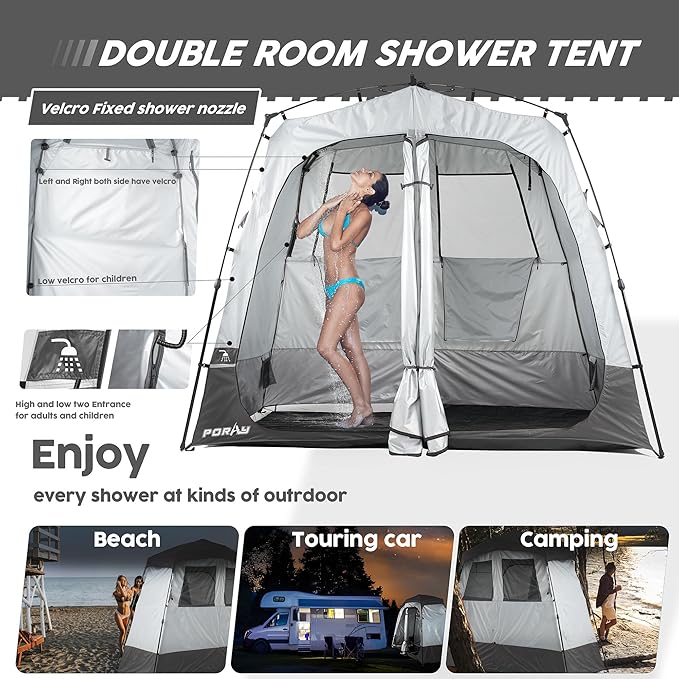 Camping Shower Tent Deluxe Changing Room Easy Set Up Privacy Shelter,Large Toilet Tent with Floor Drain Design for Beach, Camping,Hiking with Stakes and Ropes for Stability