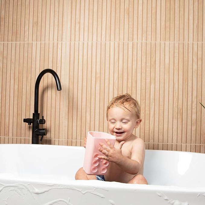 Rinzee® Baby Bath Cup with Suctions - BPA Free, 100% Food Grade Silicone Rinse Cup, Clutter-Free Tub Area, Kids Learning Tool, Sticks to Tiles, Drains Water Upside Down-"Patent Pending"
