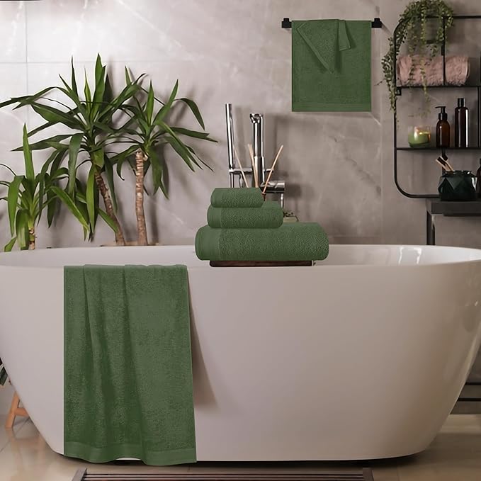 Ultra Soft 6 Pack Cotton Towel Set, Contains 2 Bath Towels 28x55 inch, 2 Hand Towels 16x24 inch & 2 Wash Coths 12x12 inch, Ideal Everyday use, Compact & Lightweight - Olive Green