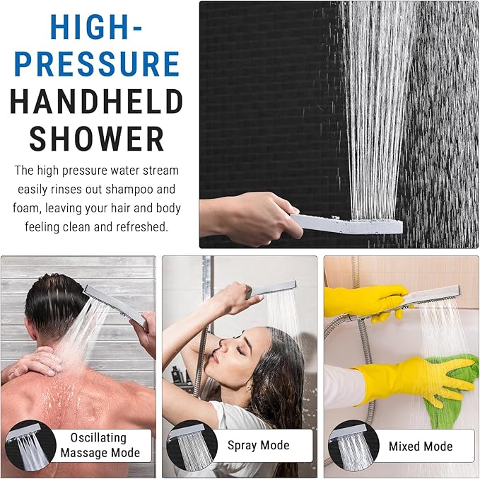G-Promise All Metal 16 Inch Shower Head with Massage Mode Handheld, Rain Shower Head with Handheld Spray Combo, 3-Way Diverter with Pause Setting, 12 Inch Adjustable Extension Arm (Chrome)