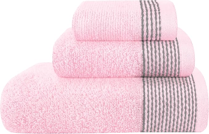 Belizzi Home Ultra Soft 3 Pack Cotton Towel Set, Contains a Bath Towel 28x55 inch, a Hand Towel 16x24 inch & a Wash Coth 12x12 inch, Ideal Everyday use, Compact & Lightweight -Pink