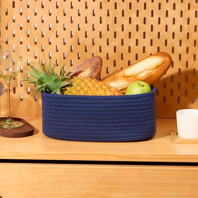 Small Storage Baskets for Organizing | Closet Organizer Bins | Shelf Toy Basket | Woven Rope Baskets | Cube Decorative Box | Shallow Basket | 11.5x7.5x4.7” | 3 Packs Navy Blue