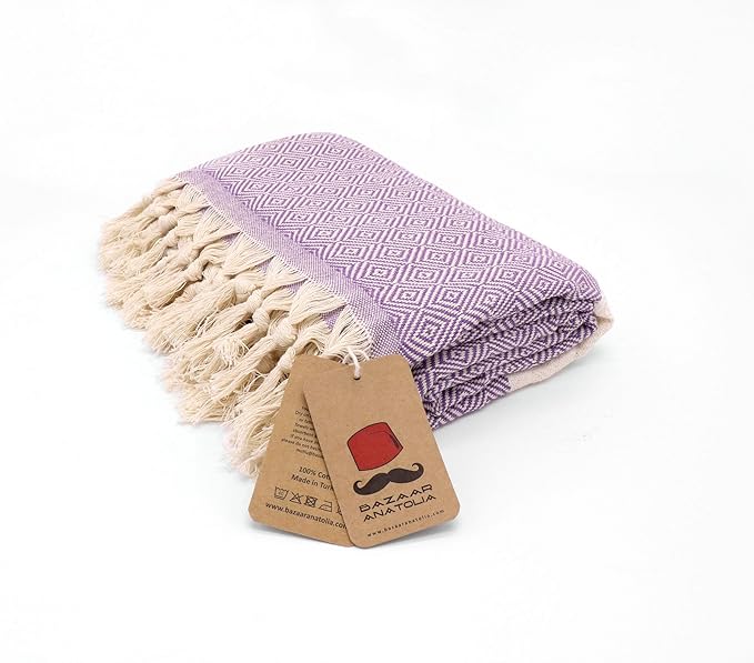 Bazaar Anatolia Turkish Beach Towel – 100% Cotton, Quick Dry, Sand Free Towel for Bathroom, Camping, Travel – Oversized 71x39 Inches – Diamond Purple