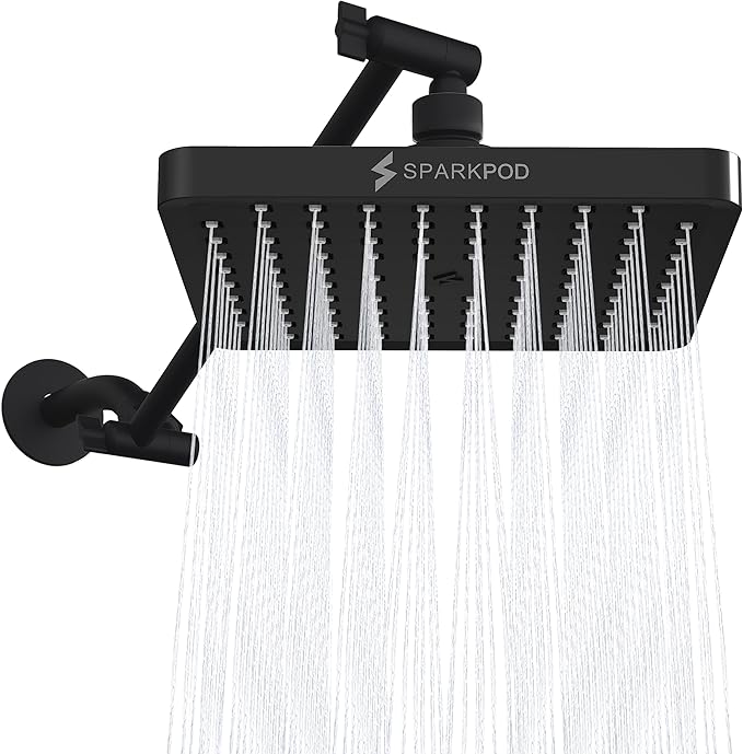 SparkPod Square Rain Shower Head with Shower Head Extension Arm - High Pressure Rain - Luxury Modern Look - No Hassle Tool-less 1-Min Installation (11" Shower Arm Extension, Midnight Black Matte)