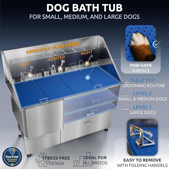 KANIS Professional Dog Washing Station - 304 Stainless Steel Pet Wash Sink & Grooming Bathtub w/Shower, Floor Grates and Storage for Large, Medium & Small Pets (61", 2 Drawers - Left Ramp)