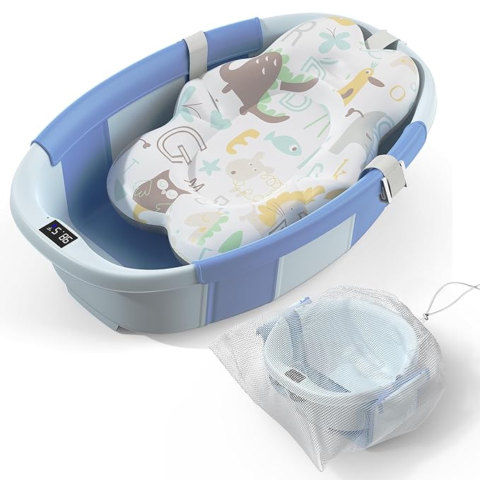 Collapsible Baby Bathtub - Large Baby Bath Tub with Thermometer & Cushion | Travel Portable Newborn Infant Bathtub | Foldable Toddler Bathtub for Baby 0 to 36 Months (Blue)