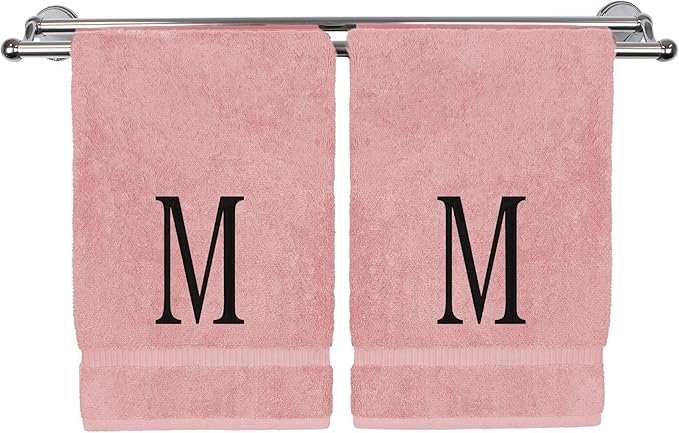 Monogrammed Hand Towel, Personalized Initial Gift, Extra Absorbent 100% Turkish Cotton - Soft Terry Finish - Set of 2 - Black Block Initial M - Embroidered on Pink Towels