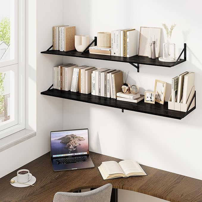 Fun Memories Floating Shelves for Wall, 12 Inch Deep Floating Shelves Set of 2, 55W x 12D Large Wall Shelf with Sturdy Metal Brackets for Living Room, Bathroom, Bedroom and Kitchen, Black
