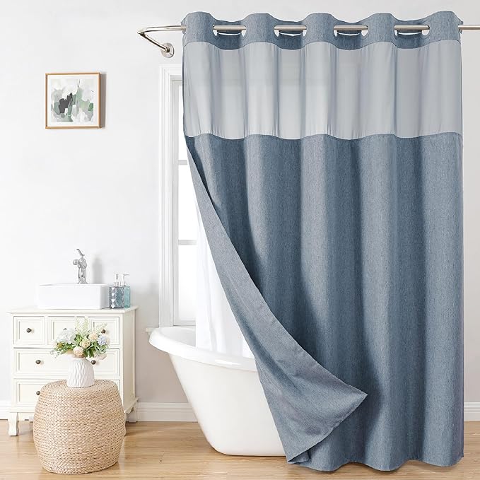 Long No Hooks Needed Linen Textured Shower Curtain with Snap-in Fabric Liner Set,Blue Grey Hotel Luxury Decor Shower Curtains for Bathroom,Waterproof & Washable,71Wx80H